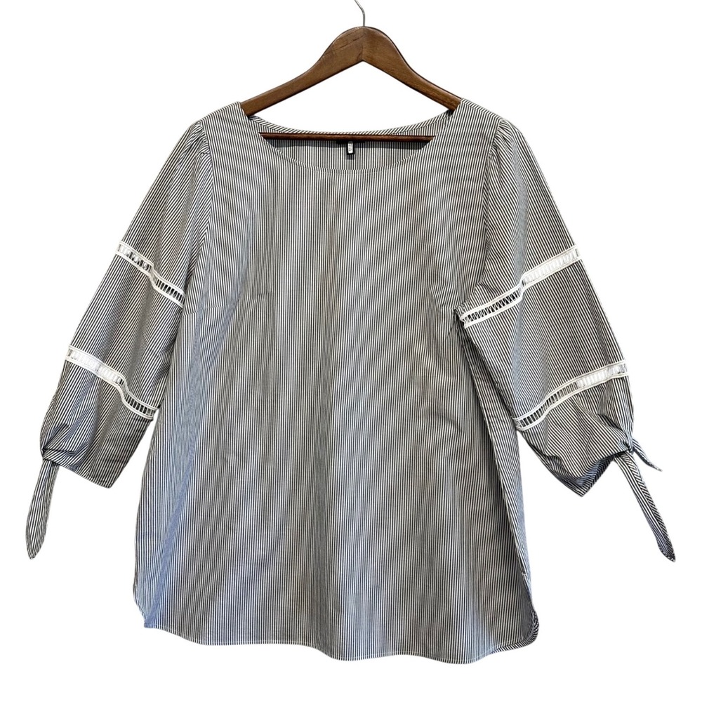 Talbots Tunic Blouse Womens Sz XL Scoop Neck Stripes Tie 3/4 Sleeves Coastal Top